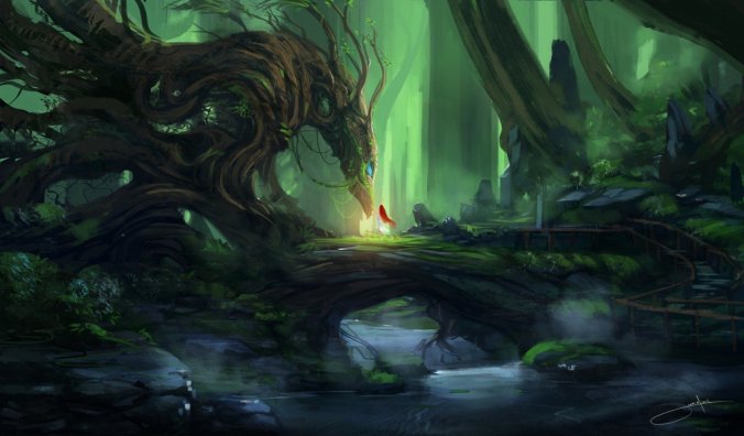 art-blinck-forest-dragon-girl-red-tree-creek-stones-guardian